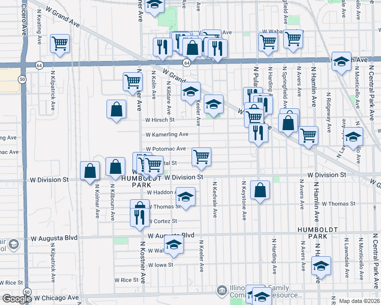 map of restaurants, bars, coffee shops, grocery stores, and more near 4221 West Potomac Avenue in Chicago