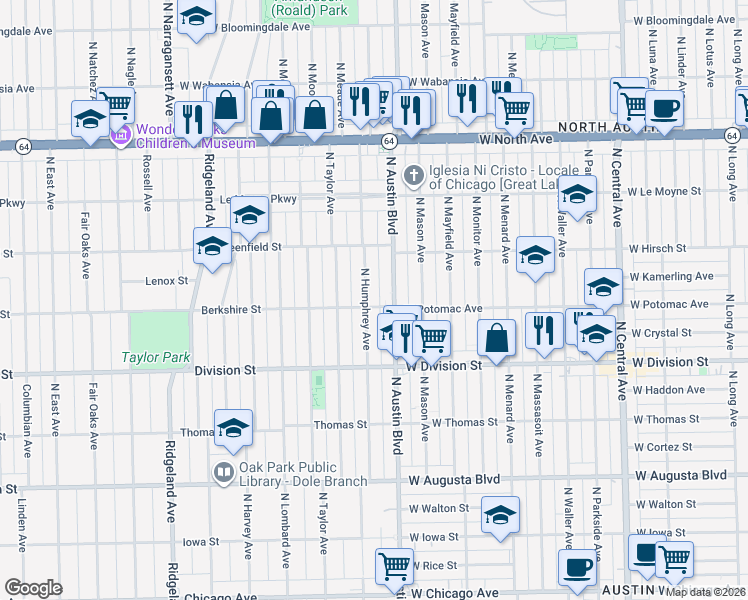 map of restaurants, bars, coffee shops, grocery stores, and more near 1002 North Humphrey Avenue in Oak Park