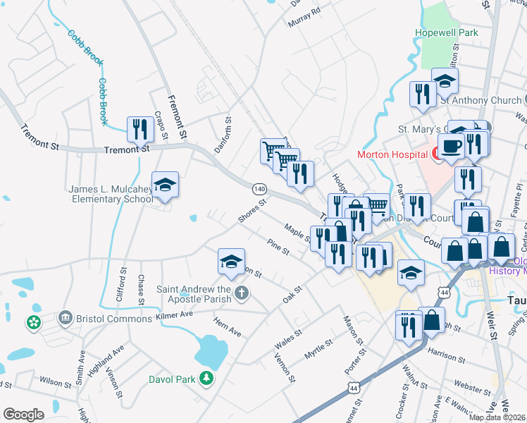 map of restaurants, bars, coffee shops, grocery stores, and more near 31 Maple Street in Taunton