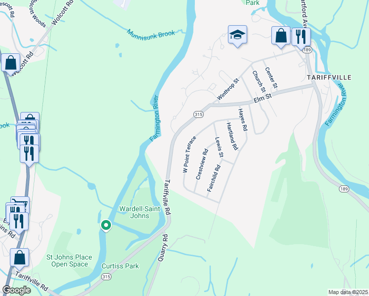 map of restaurants, bars, coffee shops, grocery stores, and more near 32 West Point Terrace in Simsbury