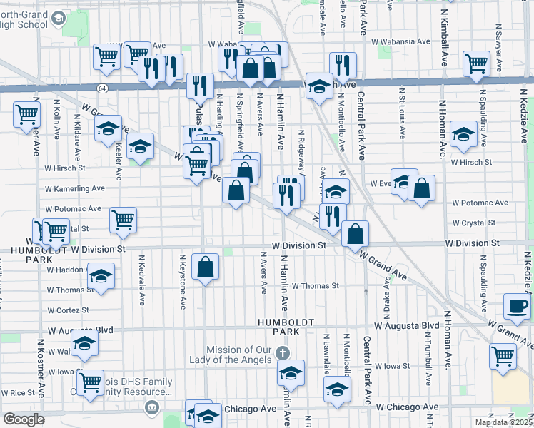 map of restaurants, bars, coffee shops, grocery stores, and more near 1240 North Avers Avenue in Chicago