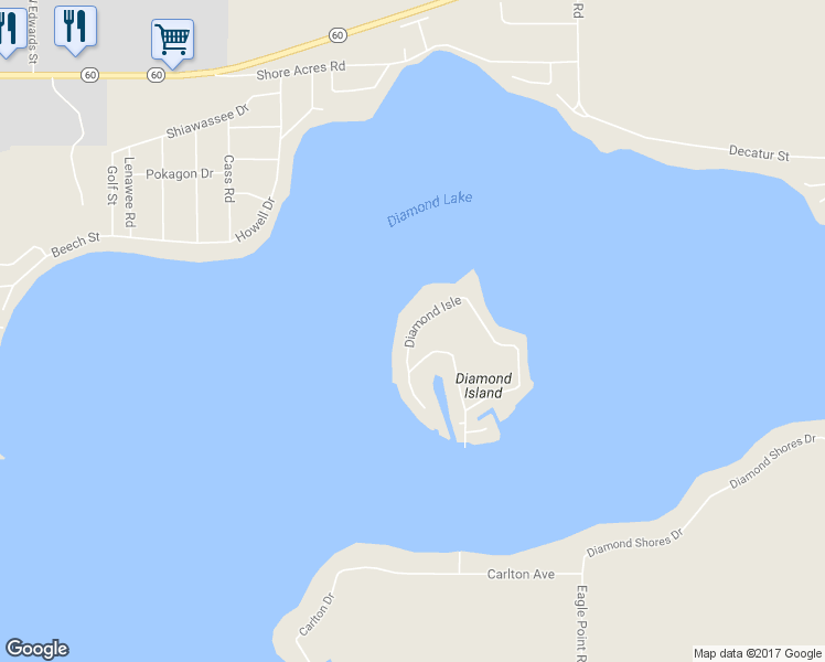 map of restaurants, bars, coffee shops, grocery stores, and more near 97 Diamond Isle in Cassopolis