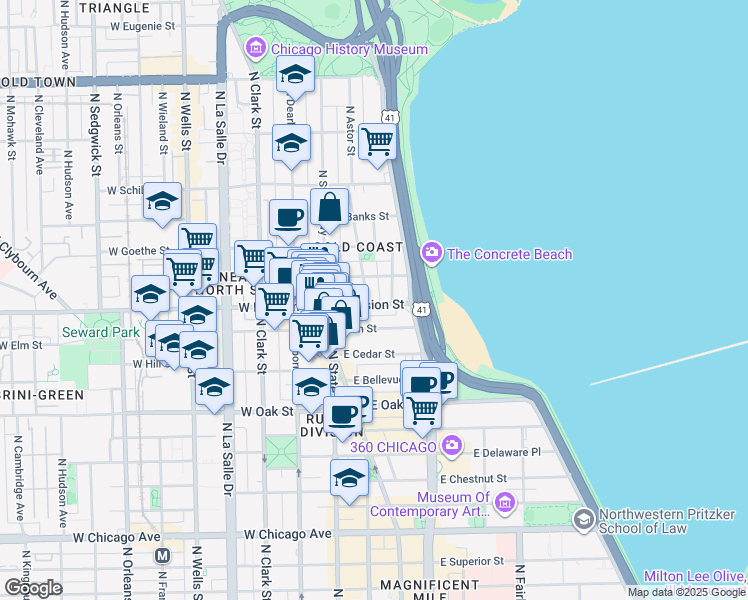 map of restaurants, bars, coffee shops, grocery stores, and more near 102 East Division Street in Chicago