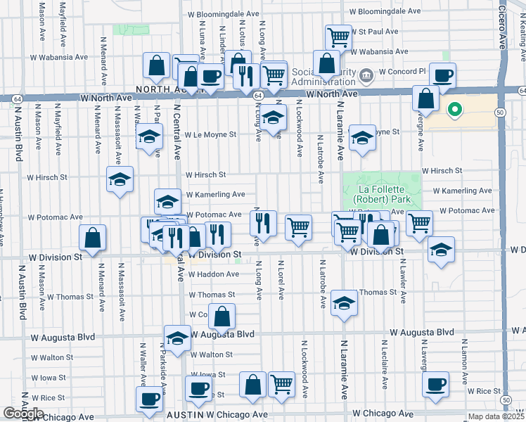 map of restaurants, bars, coffee shops, grocery stores, and more near 1301 North Long Avenue in Chicago