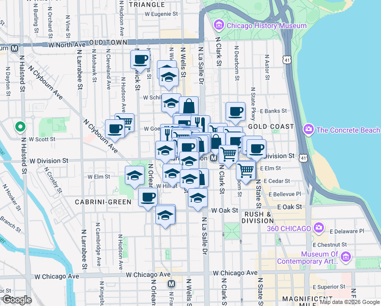 map of restaurants, bars, coffee shops, grocery stores, and more near 1212 North La Salle Drive in Chicago