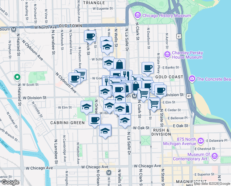 map of restaurants, bars, coffee shops, grocery stores, and more near 1208 North Wells Street in Chicago