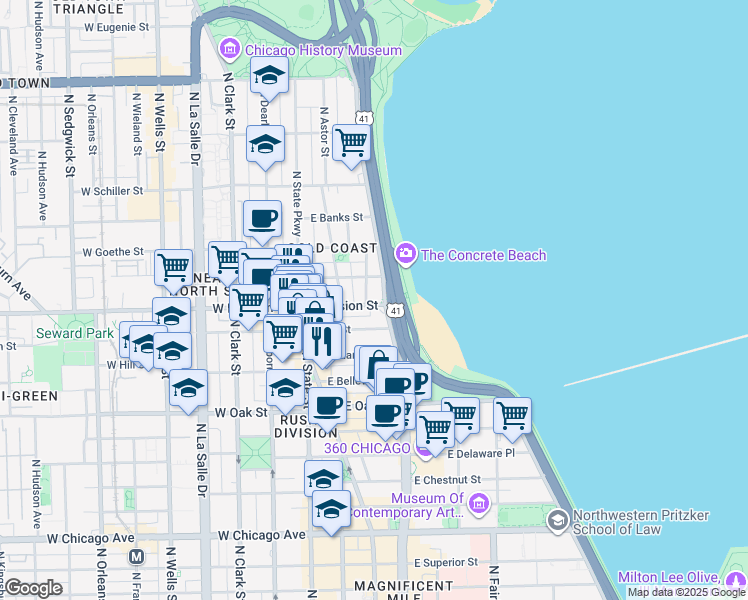 map of restaurants, bars, coffee shops, grocery stores, and more near 1200 North Lake Shore Drive in Chicago