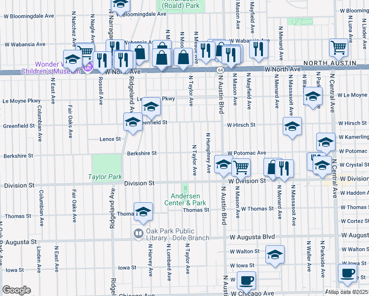 map of restaurants, bars, coffee shops, grocery stores, and more near 1004 Hayes Avenue in Oak Park