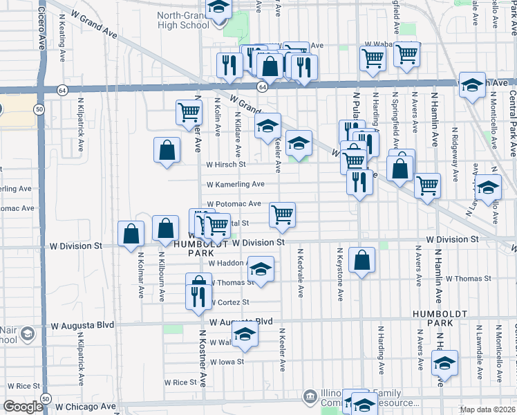 map of restaurants, bars, coffee shops, grocery stores, and more near 4221 West Potomac Avenue in Chicago