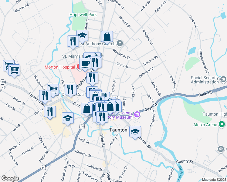 map of restaurants, bars, coffee shops, grocery stores, and more near 7 Fayette Place in Taunton