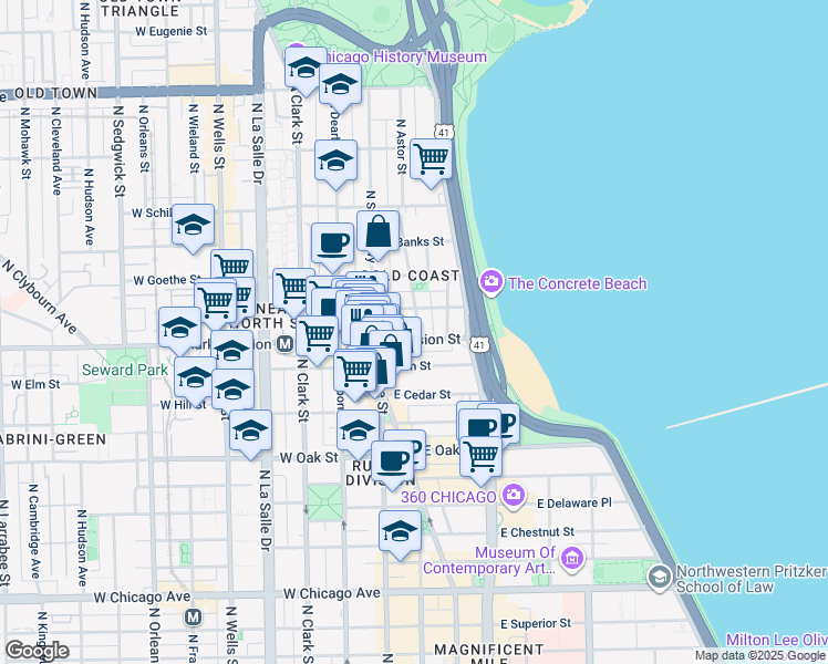 map of restaurants, bars, coffee shops, grocery stores, and more near 36 East Division Street in Chicago