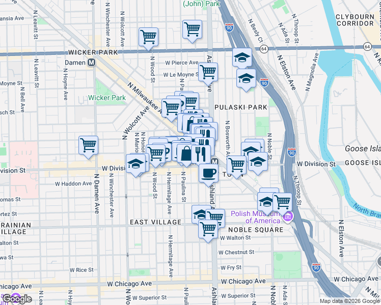 map of restaurants, bars, coffee shops, grocery stores, and more near 1239 West Montana Street in Chicago