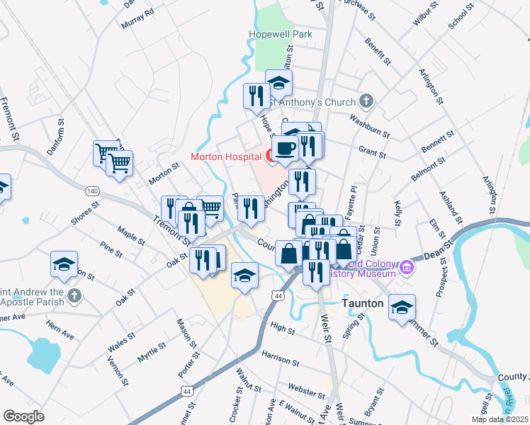map of restaurants, bars, coffee shops, grocery stores, and more near 18 Pleasant Street in Taunton