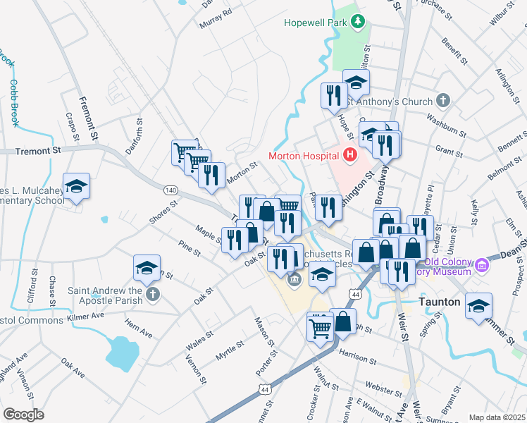 map of restaurants, bars, coffee shops, grocery stores, and more near 19 Hodges Avenue in Taunton