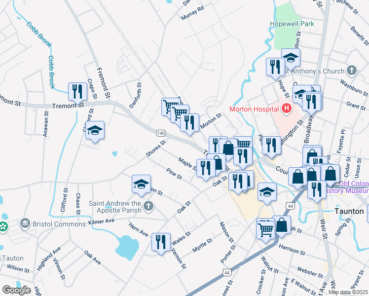 map of restaurants, bars, coffee shops, grocery stores, and more near 19 Maple Street in Taunton