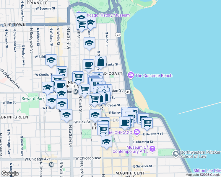 map of restaurants, bars, coffee shops, grocery stores, and more near 102 East Division Street in Chicago