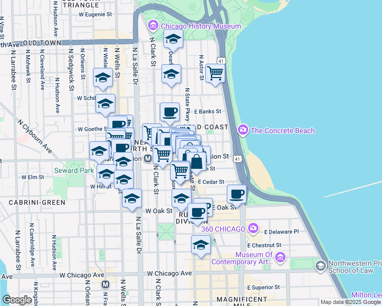 map of restaurants, bars, coffee shops, grocery stores, and more near 1201 North State Parkway in Chicago