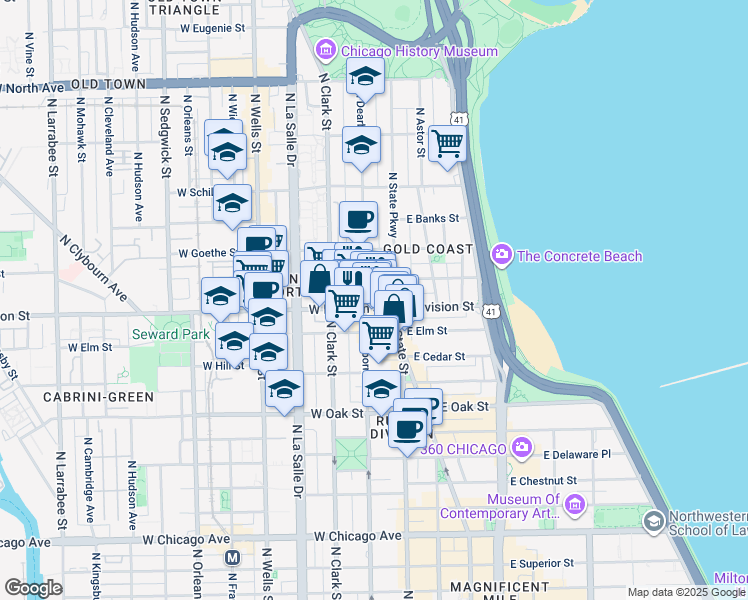 map of restaurants, bars, coffee shops, grocery stores, and more near 21 West Division Street in Chicago