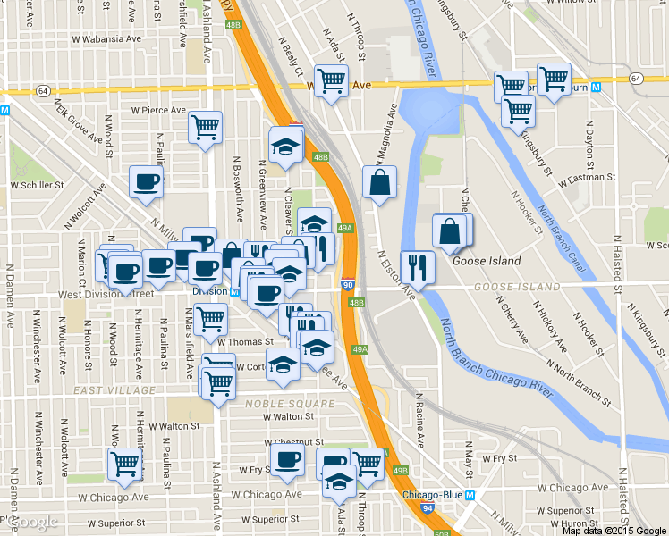 map of restaurants, bars, coffee shops, grocery stores, and more near 1363 West Crystal Street in Chicago