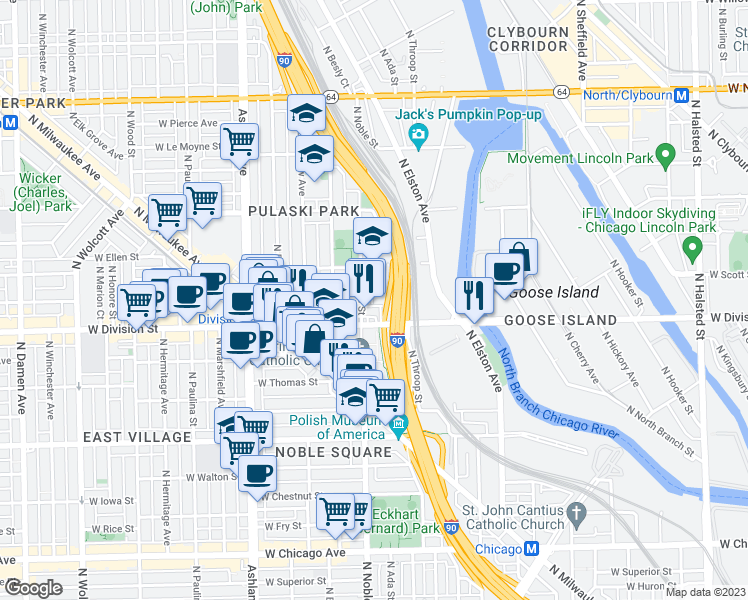 map of restaurants, bars, coffee shops, grocery stores, and more near 1363 West Crystal Street in Chicago