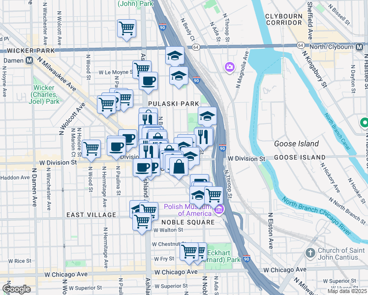 map of restaurants, bars, coffee shops, grocery stores, and more near 1217 North Greenview Avenue in Chicago