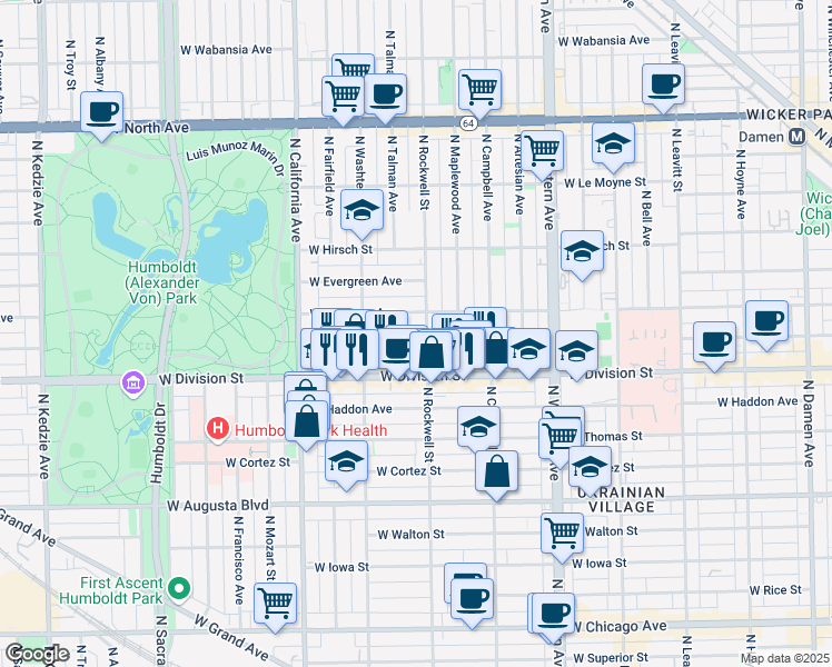 map of restaurants, bars, coffee shops, grocery stores, and more near 2622 West Crystal Street in Chicago