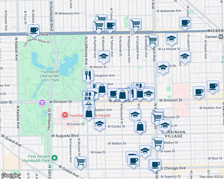map of restaurants, bars, coffee shops, grocery stores, and more near 2622 West Crystal Street in Chicago