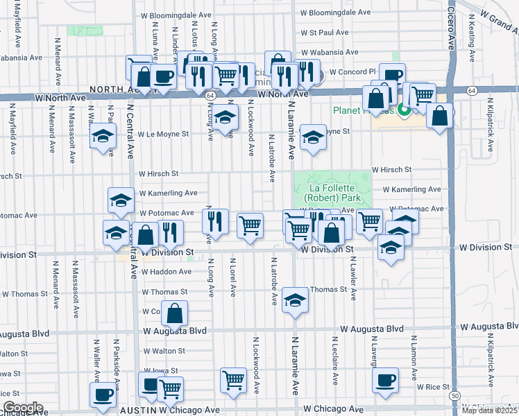 map of restaurants, bars, coffee shops, grocery stores, and more near 5243 West Potomac Avenue in Chicago