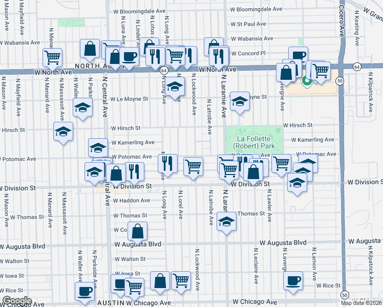 map of restaurants, bars, coffee shops, grocery stores, and more near 5315 West Potomac Avenue in Chicago