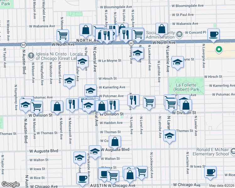 map of restaurants, bars, coffee shops, grocery stores, and more near 5464 West Potomac Avenue in Chicago