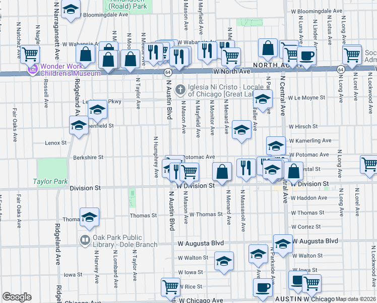 map of restaurants, bars, coffee shops, grocery stores, and more near 1305 North Mason Avenue in Chicago
