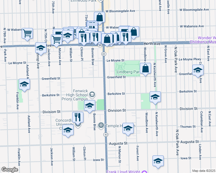 map of restaurants, bars, coffee shops, grocery stores, and more near 1311 North Harlem Avenue in Oak Park