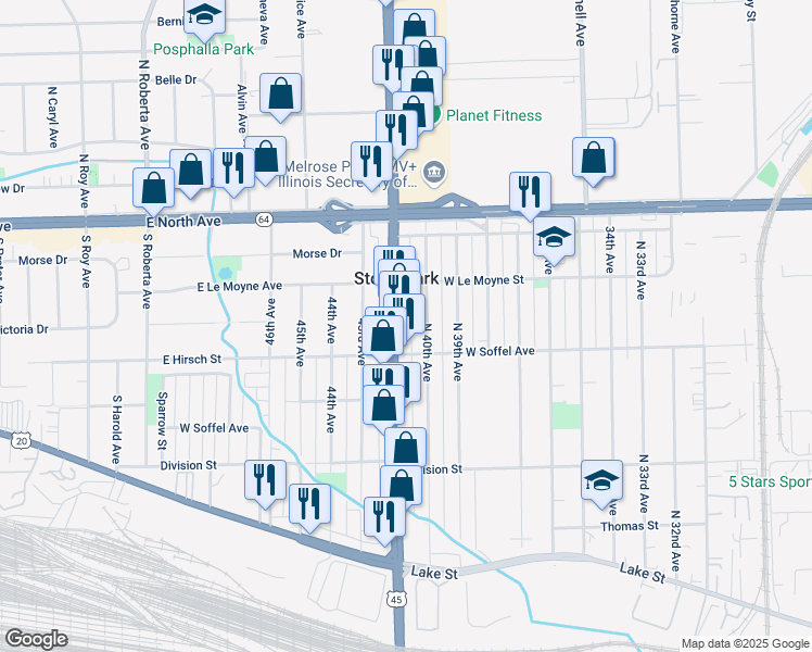 map of restaurants, bars, coffee shops, grocery stores, and more near 1713 U.S. 45 in Stone Park
