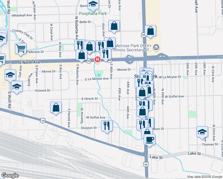 map of restaurants, bars, coffee shops, grocery stores, and more near 201 46th Avenue in Northlake