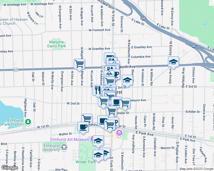 map of restaurants, bars, coffee shops, grocery stores, and more near in Elmhurst