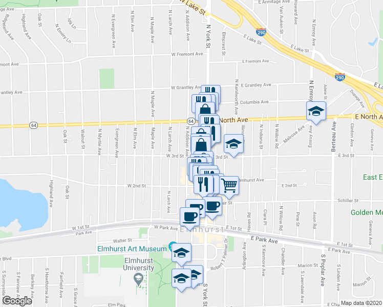 map of restaurants, bars, coffee shops, grocery stores, and more near in Elmhurst
