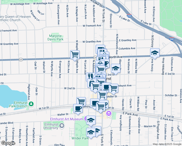 map of restaurants, bars, coffee shops, grocery stores, and more near 142 West 3rd Street in Elmhurst