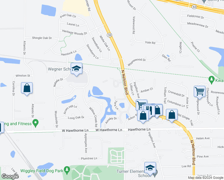 map of restaurants, bars, coffee shops, grocery stores, and more near 1204 Kings Circle in West Chicago