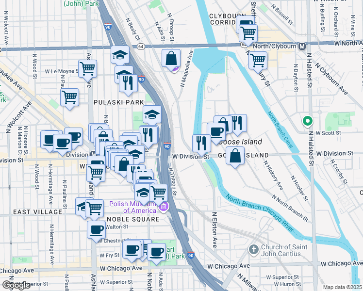 map of restaurants, bars, coffee shops, grocery stores, and more near 1250 West Division Street in Chicago