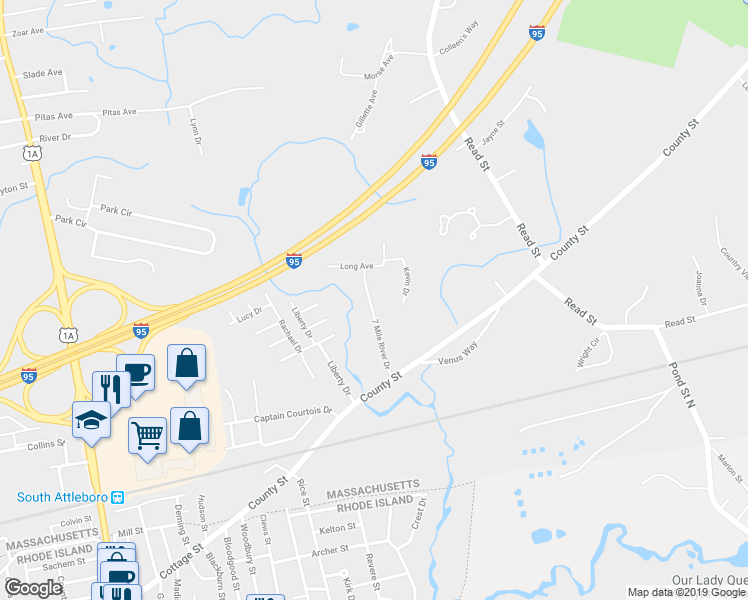 map of restaurants, bars, coffee shops, grocery stores, and more near 69 7 Mile River Drive in Attleboro
