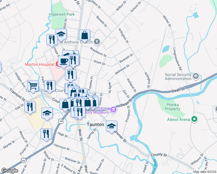 map of restaurants, bars, coffee shops, grocery stores, and more near 14 Kelly Street in Taunton