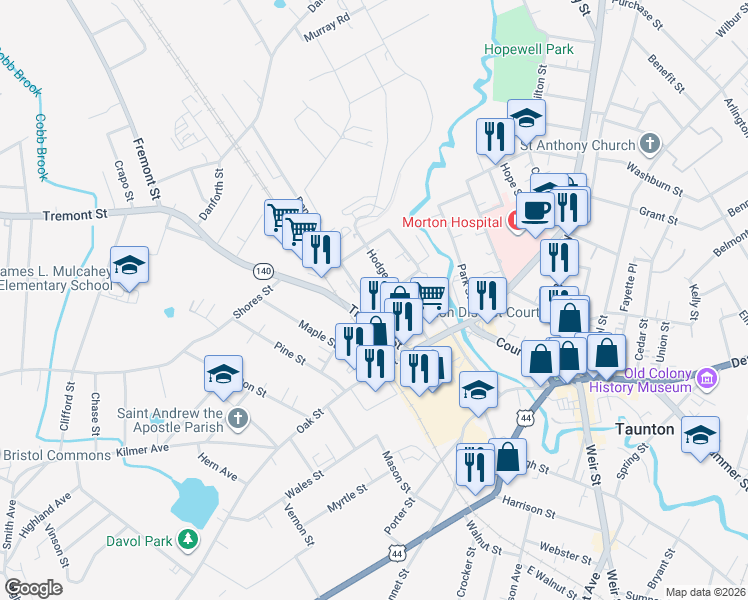 map of restaurants, bars, coffee shops, grocery stores, and more near 14 Granite Street in Taunton