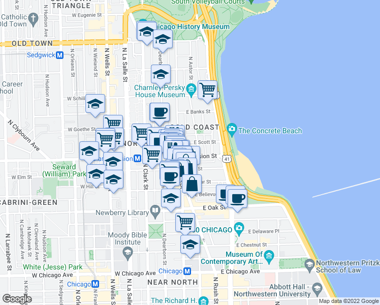 map of restaurants, bars, coffee shops, grocery stores, and more near 102 East Division Street in Chicago