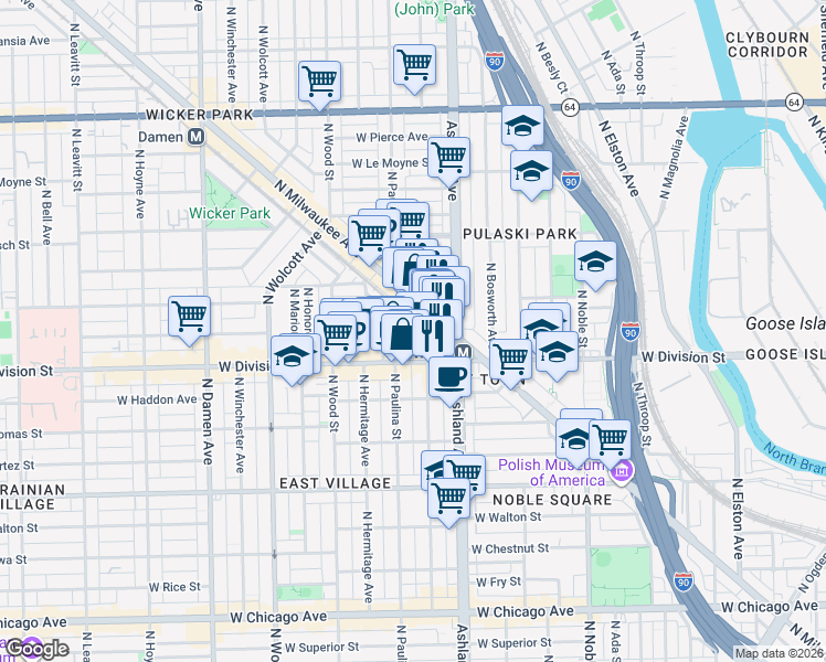 map of restaurants, bars, coffee shops, grocery stores, and more near 1239 West Montana Street in Chicago