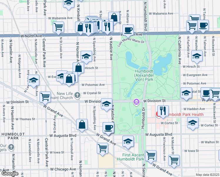 map of restaurants, bars, coffee shops, grocery stores, and more near 1244 North Kedzie Avenue in Chicago