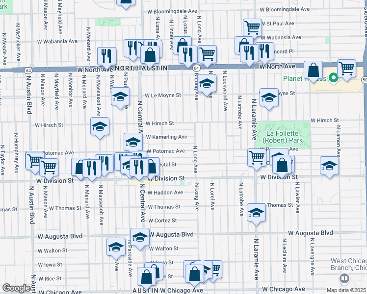 map of restaurants, bars, coffee shops, grocery stores, and more near 5424 West Potomac Avenue in Chicago