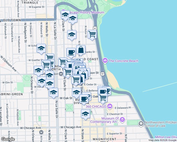 map of restaurants, bars, coffee shops, grocery stores, and more near 102 East Division Street in Chicago