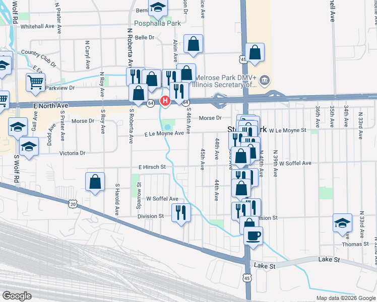 map of restaurants, bars, coffee shops, grocery stores, and more near 201 46th Avenue in Northlake