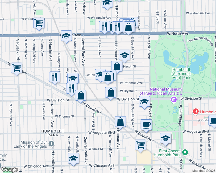 map of restaurants, bars, coffee shops, grocery stores, and more near 1240 North Homan Avenue in Chicago