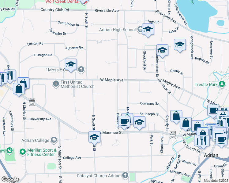 map of restaurants, bars, coffee shops, grocery stores, and more near in Adrian